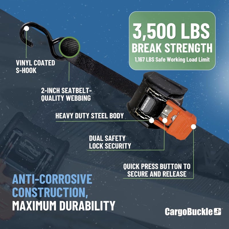 CargoBuckle G3 Bolt On Retractable Ratchet Straps Heavy Duty, 3,500 lbs Break Strength, 2-Inch x 6-Feet Automotive Tie-Downs for Trucks, Cargo Trailer Straps for ATV & SxS, 2-Pack - Image 3